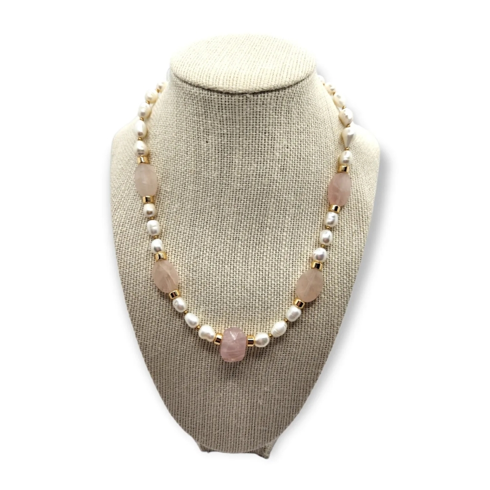 Freshwater Pearl, Rose Quartz Gold plated necklace